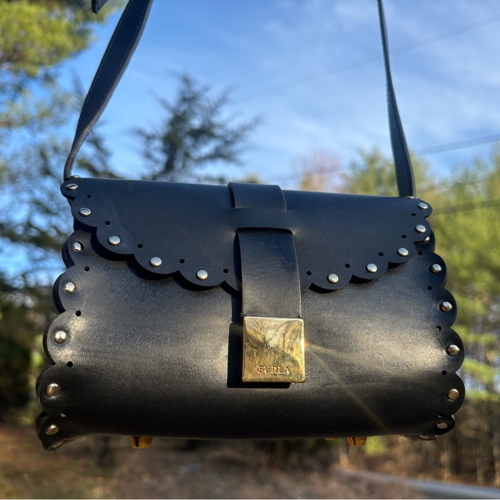 Furla Black Scalloped Leather Crossbody Bag with Gold Hardware
